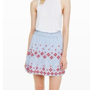 Club Monaco blue and white striped skirt with red embroidery